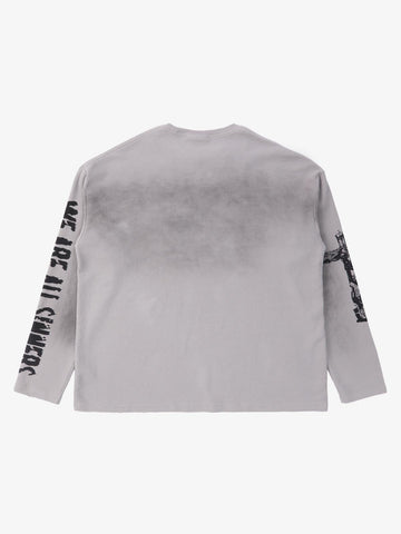Waffle-Knit Distressed Gradient Print Long T-Shirt 