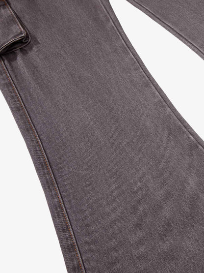 Retro Faded Multi-Pocket Flared Cargo Jeans 