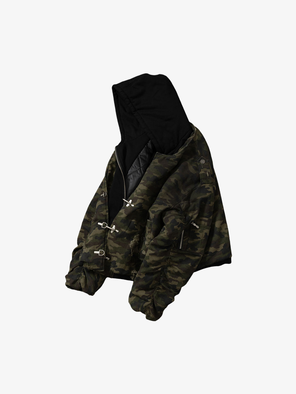 Camouflage Hooded Jacket with Distressed Details and Toggle Closure 