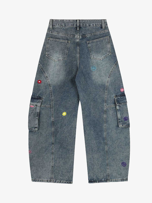Stylish Embroidered Cargo Jeans with Unique Charm Accessory 