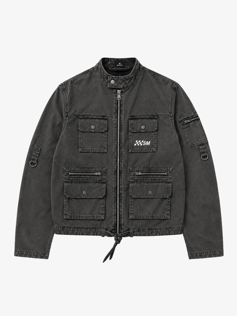 Verwaschene, kurze Bikerjacke mit vielen Taschen (kastenförmig)