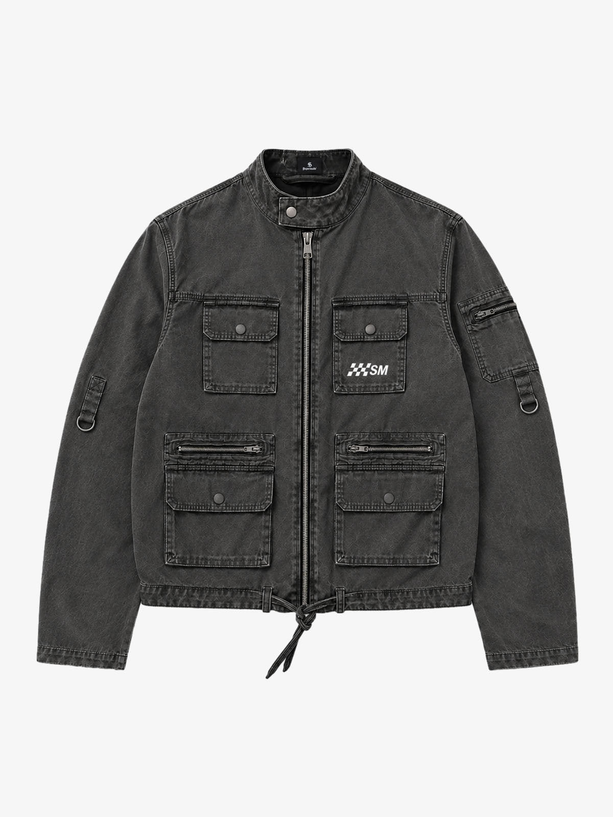 Washed Multi-Pocket Cropped Boxy Biker Jacket
