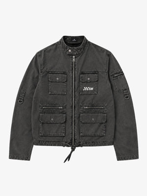 Washed Multi-Pocket Cropped Boxy Biker Jacket