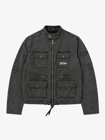 Washed Multi-Pocket Cropped Boxy Biker Jacket