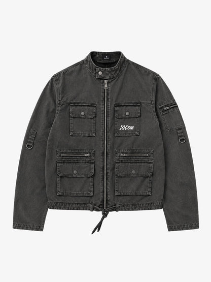 Washed Multi-Pocket Cropped Boxy Biker Jacket
