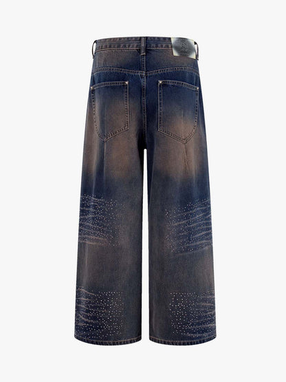 Gradient Wash Wide-Leg Jeans with Rhinestone Accents 