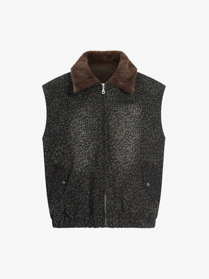 Leopard Print Vest with Faux Fur Collar - Stylish and Warm Winter Outerwear 