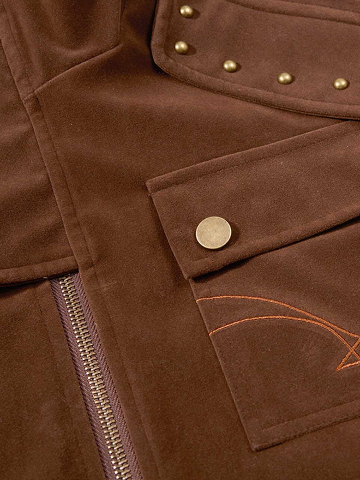 Studded Stand-Collar Suede Work Jacket