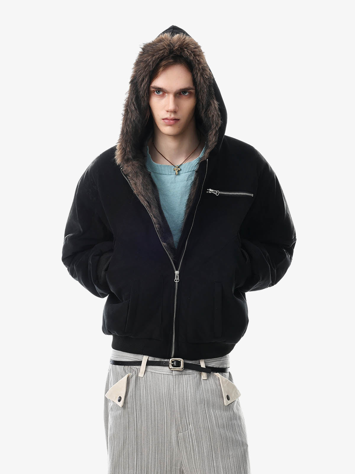 Faux-Fur Lined Multi-Zip Hooded Coat