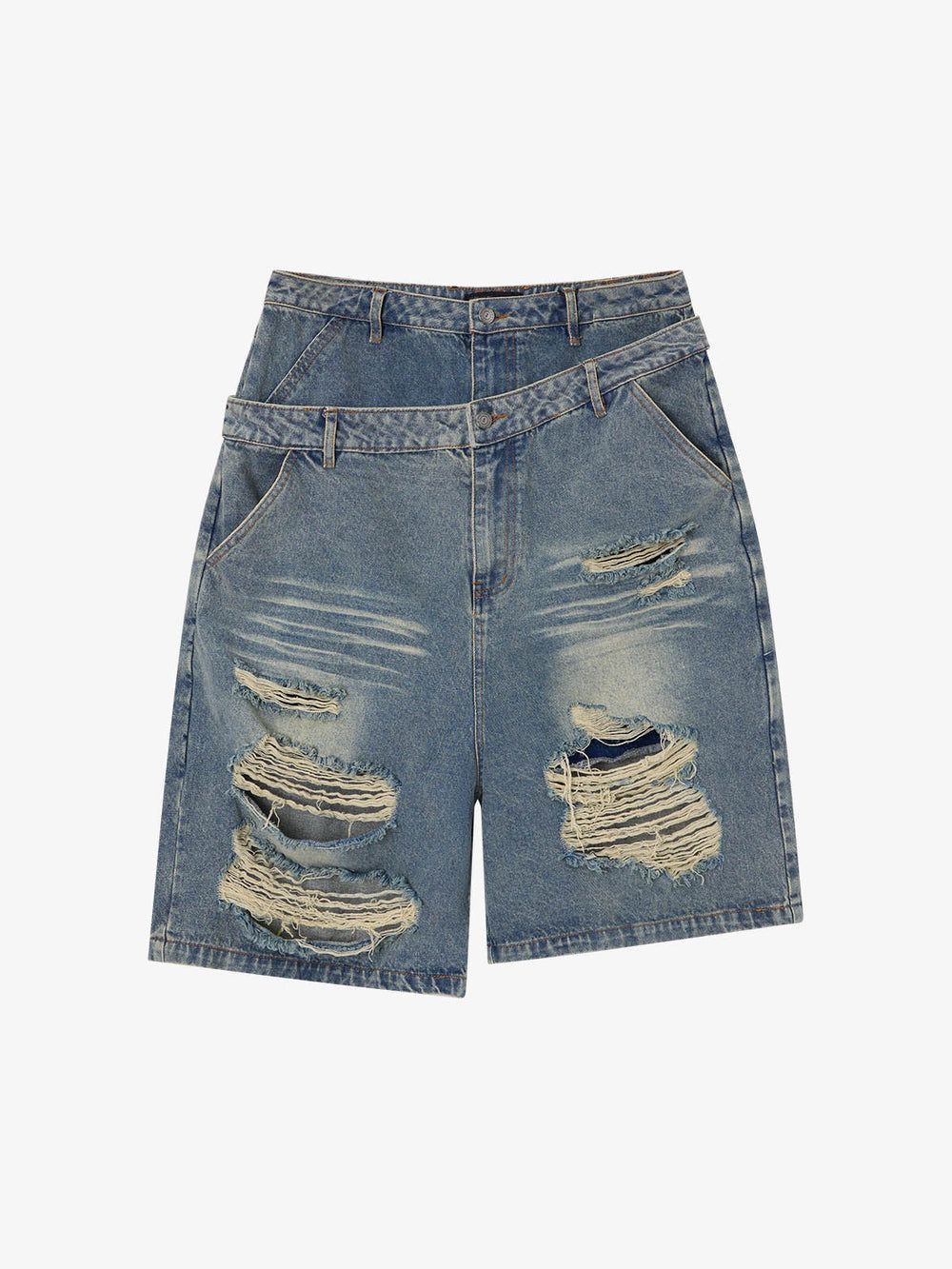 Double Waistband Ripped Denim Shorts 
