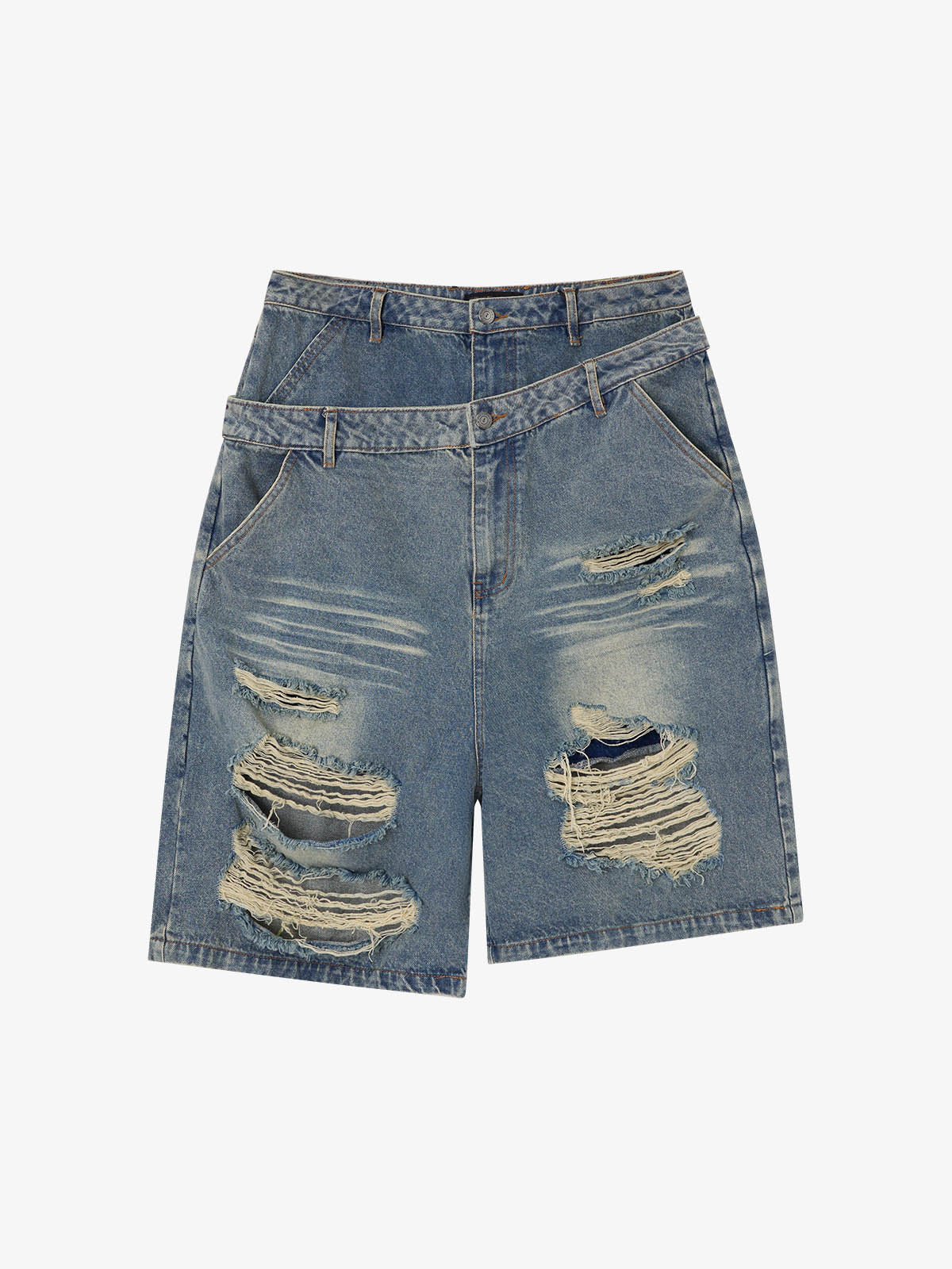Double Waistband Ripped Denim Shorts 