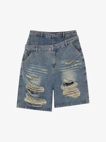 Double Waistband Ripped Denim Shorts