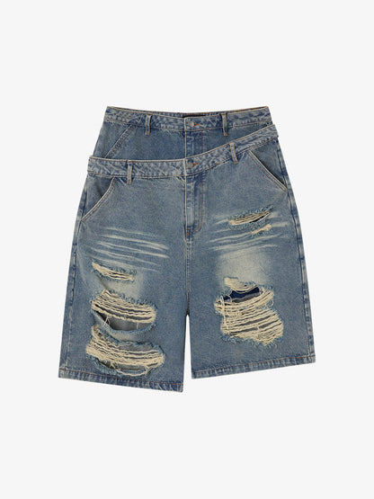 Double Waistband Ripped Denim Shorts