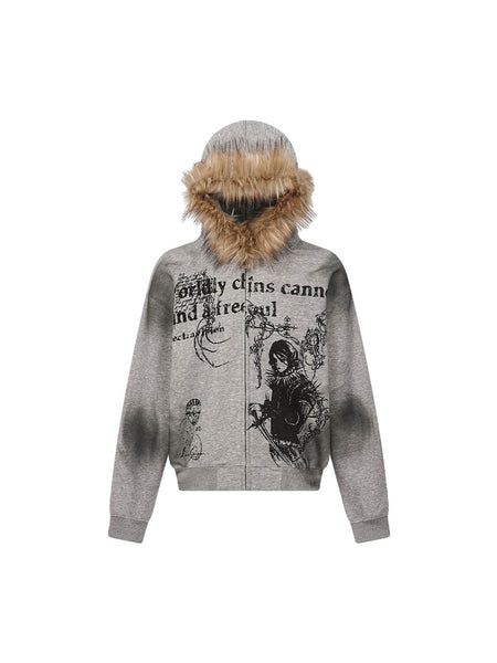 Fur Collar Wasteland Style Cardigan Zip UP Hoodie