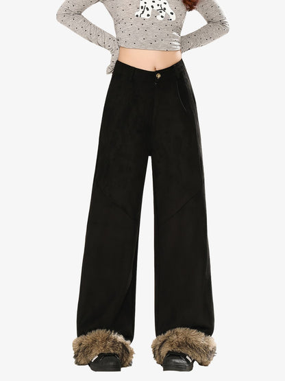Retro Faux Fur Hem Wide-Leg Pants 