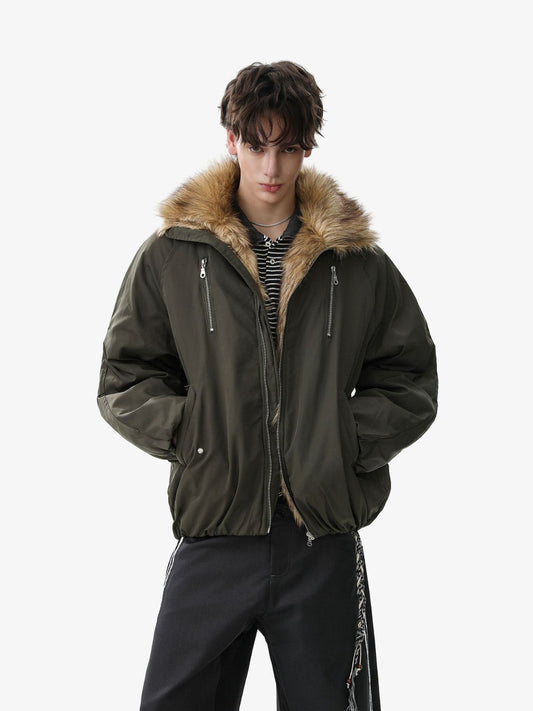 Thesupermade American Street Zipper Design Mountain Carved Fur Collar Quilted Cotton Jacket 