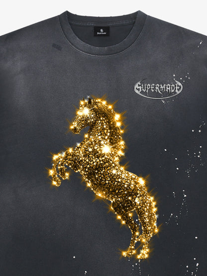 Unisex Washed Ink Blending Dual Color Cotton Horse Year Embroidered Diamond Horse Element Pattern Short-Sleeve T-Shirt 