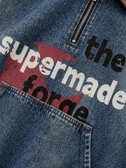 Denim Patchwork Pullover Sweatshirt & Graphic Wide-Leg Jeans Set
