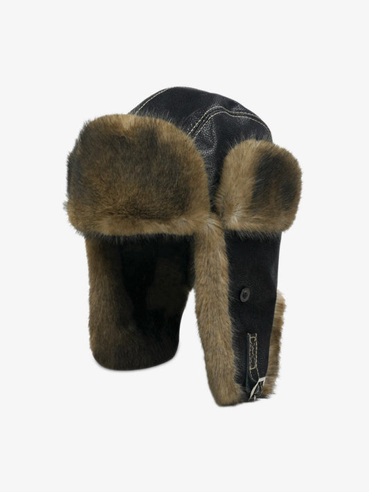 Vintage Distressed Leather Plush Trapper Hat 