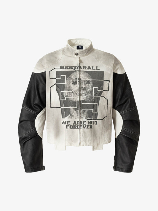 Thesupermade Skull Print Paneled Stand-up Collar Leather Jacket 