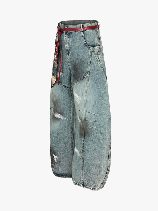 Vintage Paint-Splatter Scarf Tie Barrel Jeans