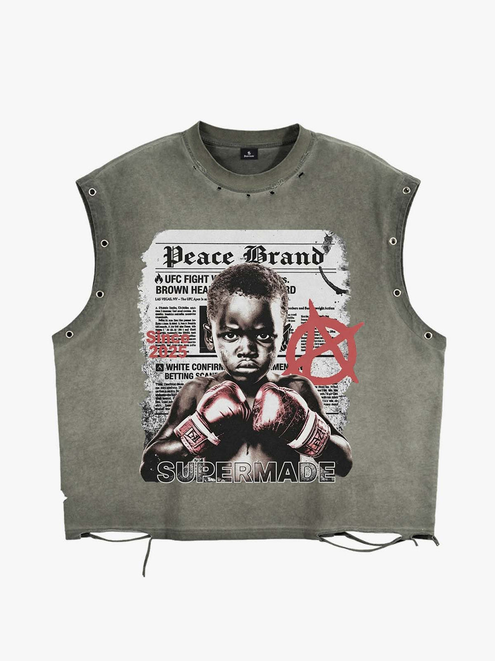 Distressed Olive Crop Top with Boxing Graphic Print