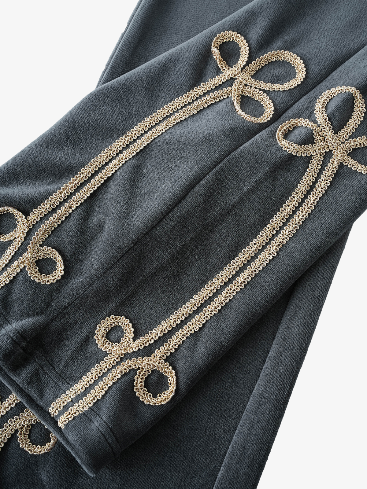 Gold Braid Embellished Plush Zip Hoodie & Wide-Leg Pants Set