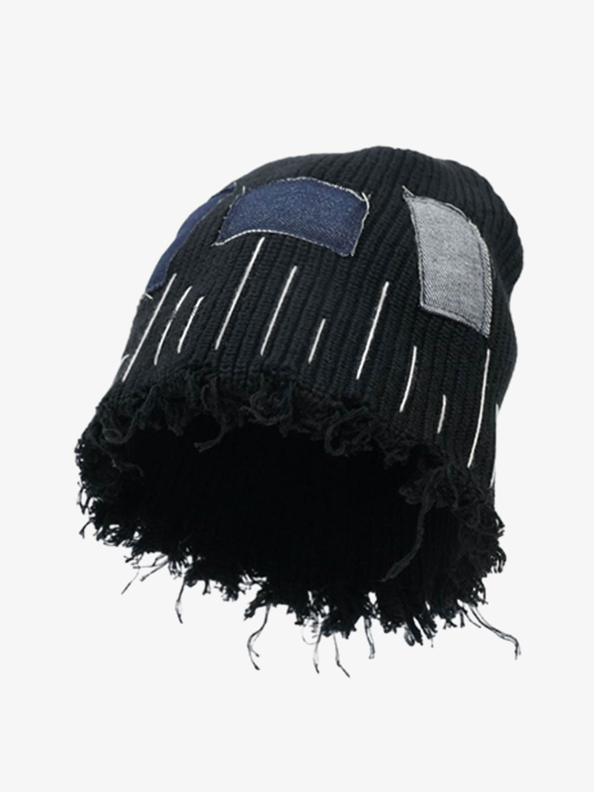Distressed Denim Patchwork Beanie 