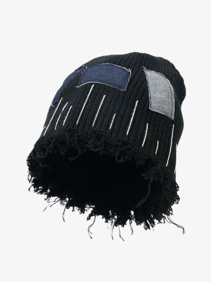 Distressed Denim Patchwork Beanie 