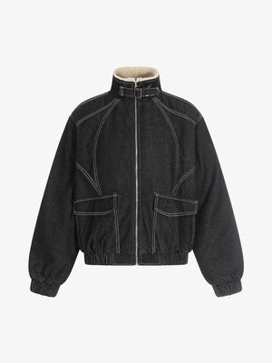Stylish Denim Bomber Jacket with Faux Fur Collar - Perfect for Casual and Outdoor Wear 