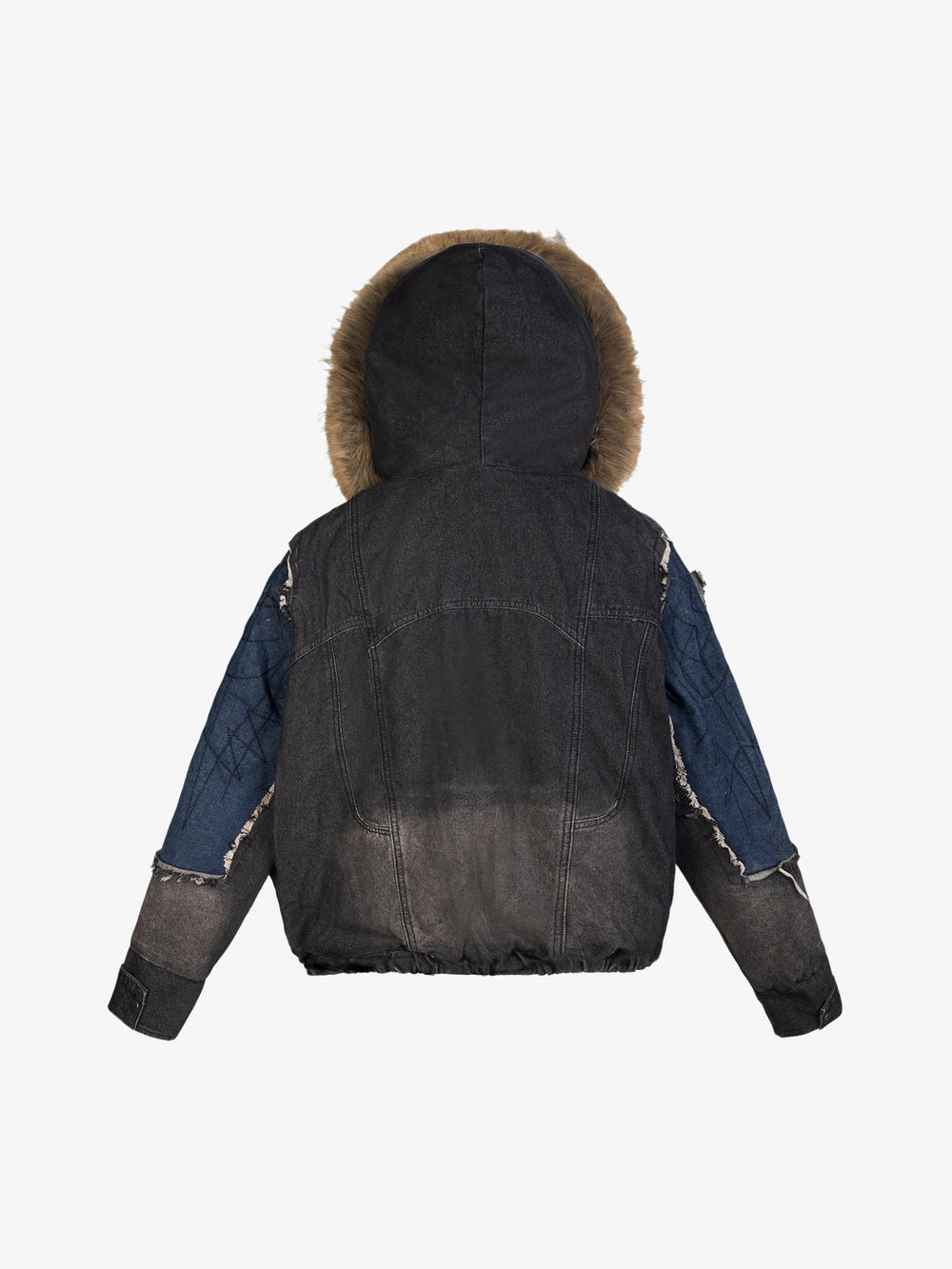Patchwork Distressed Faux-Fur Collar Denim Jacket