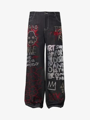 Denim Graffiti Wide Leg Pants with Embroidered Art Design and Bold Statement Text 