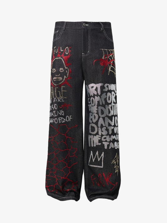Denim Graffiti Wide Leg Pants with Embroidered Art Design and Bold Statement Text 