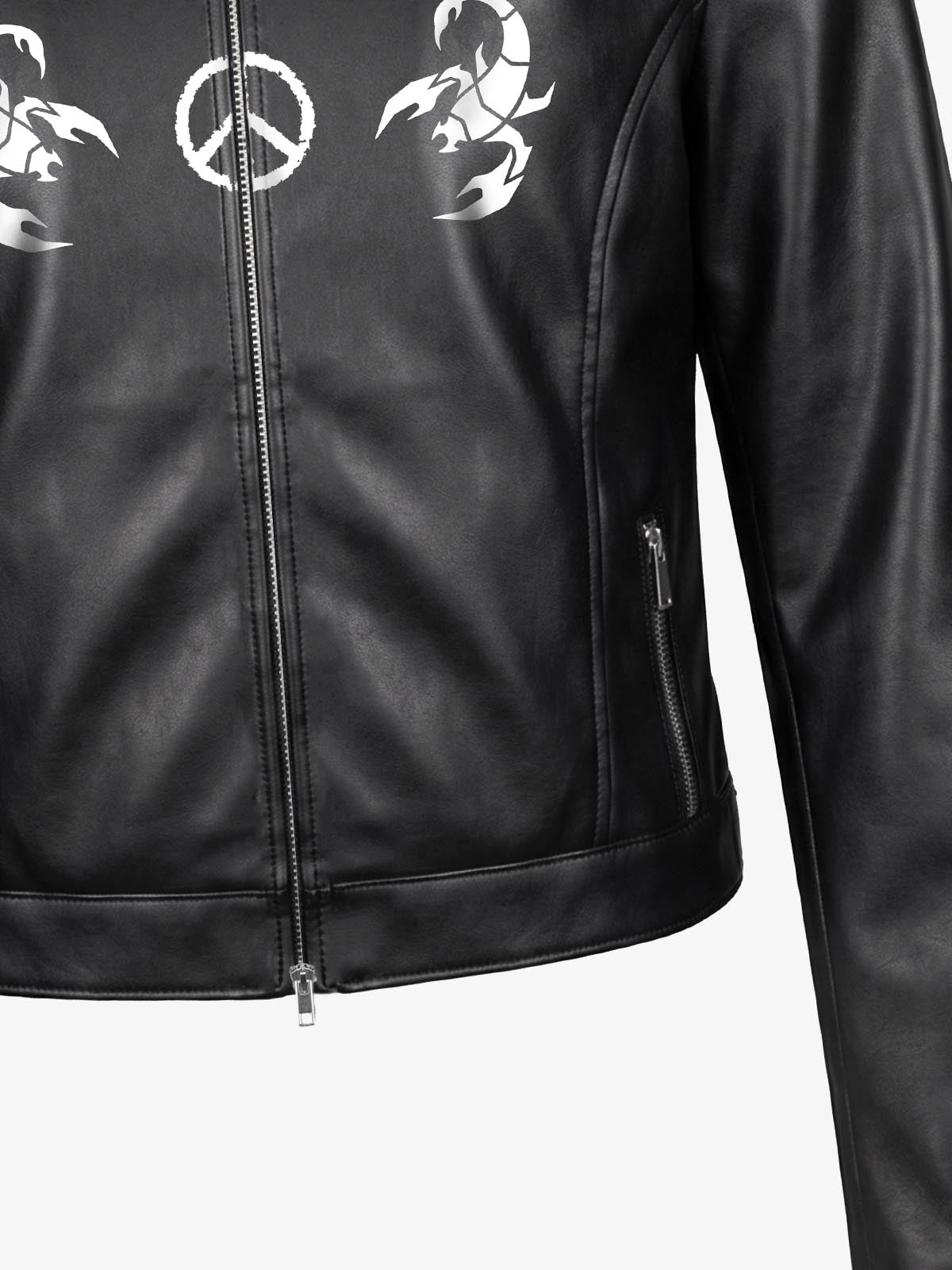 Graphic Stand-Collar Faux Leather Zip Jacket