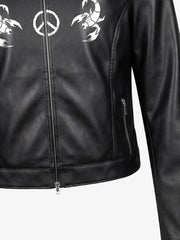 Graphic Stand-Collar Faux Leather Zip Jacket