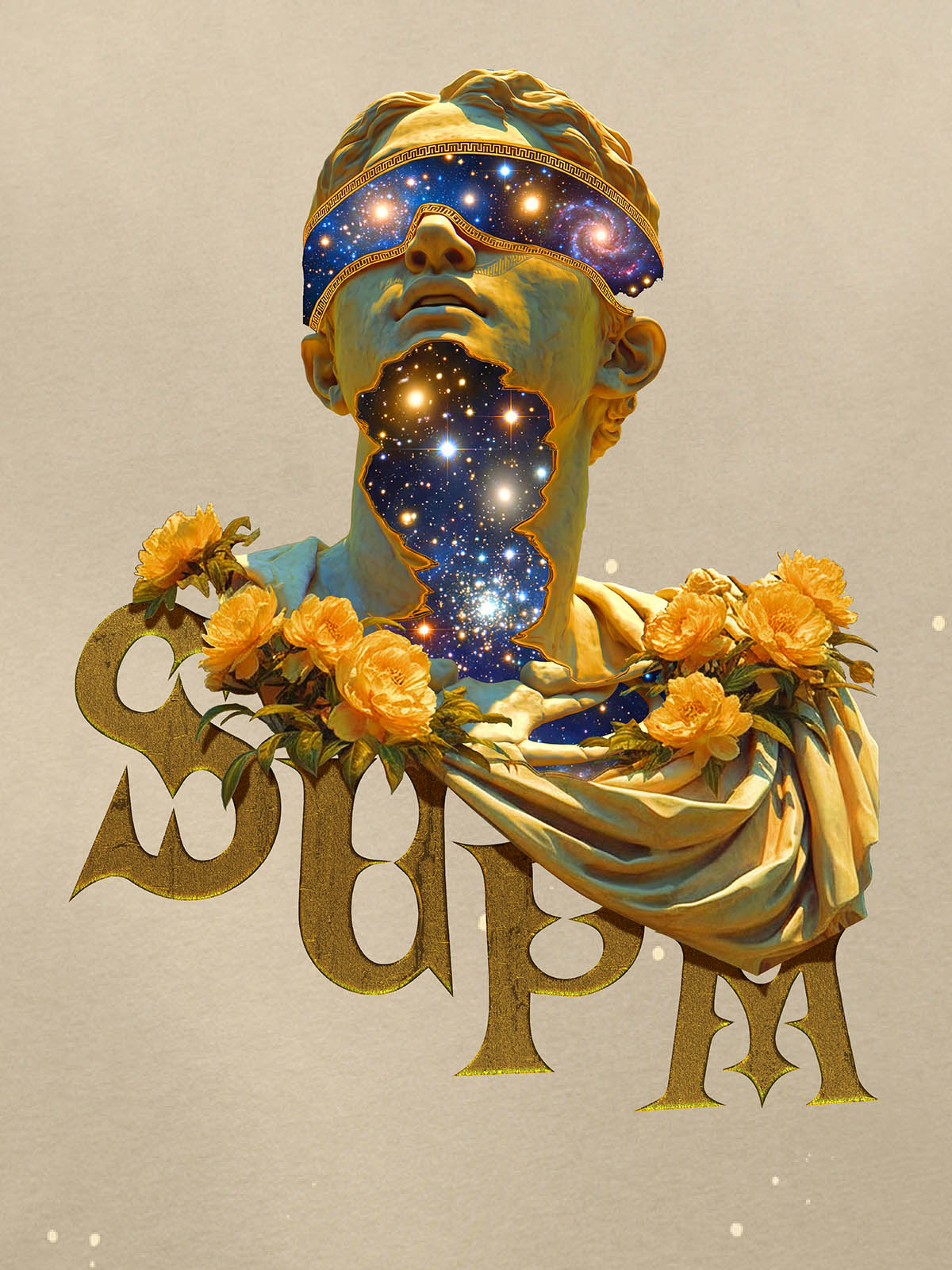 THE SUPERMADE-Wash and splash ink Galaxy Art Print T-Shirt with Cosmic Statue Design for Men and Women 