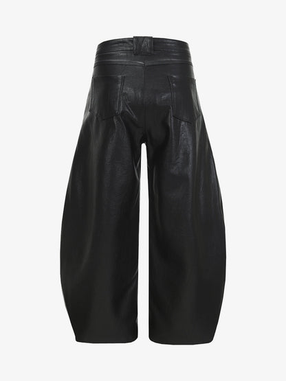 Vintage Pleated PU Leather Barrel Pants 