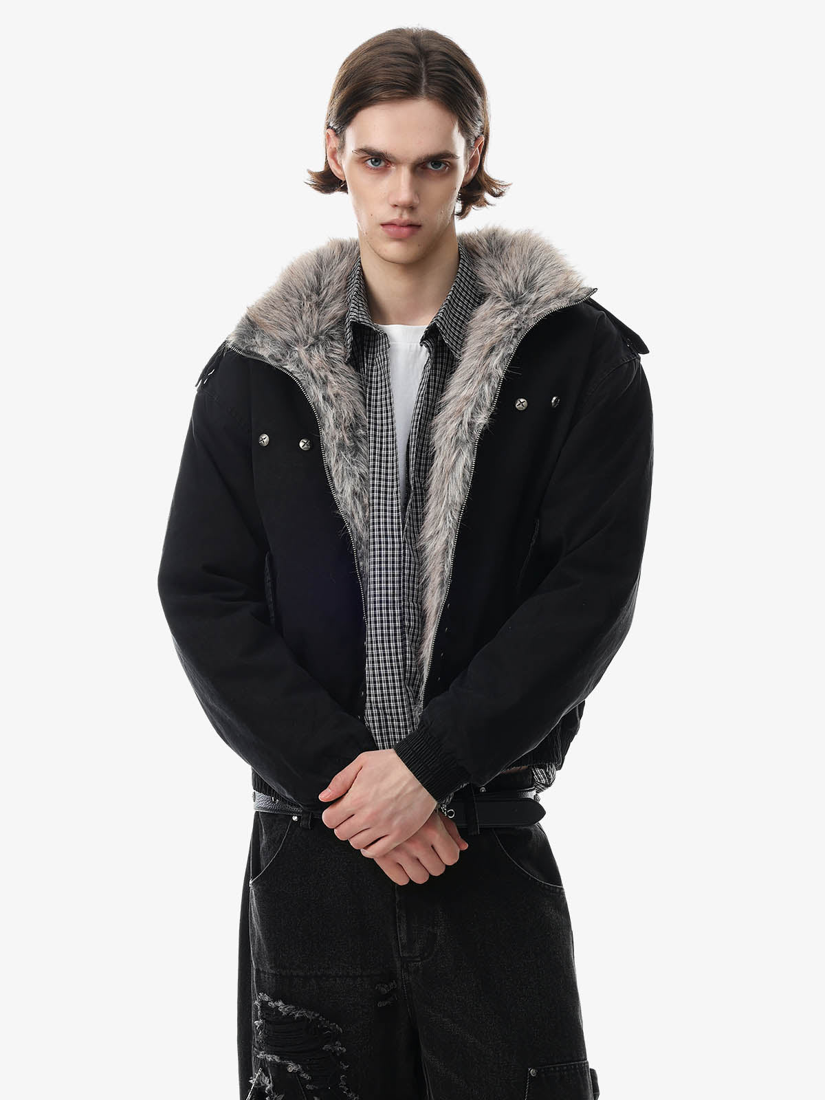 Studded Faux-Fur Collar Bomber Coat