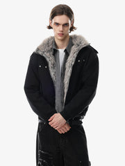 Studded Faux-Fur Collar Bomber Coat