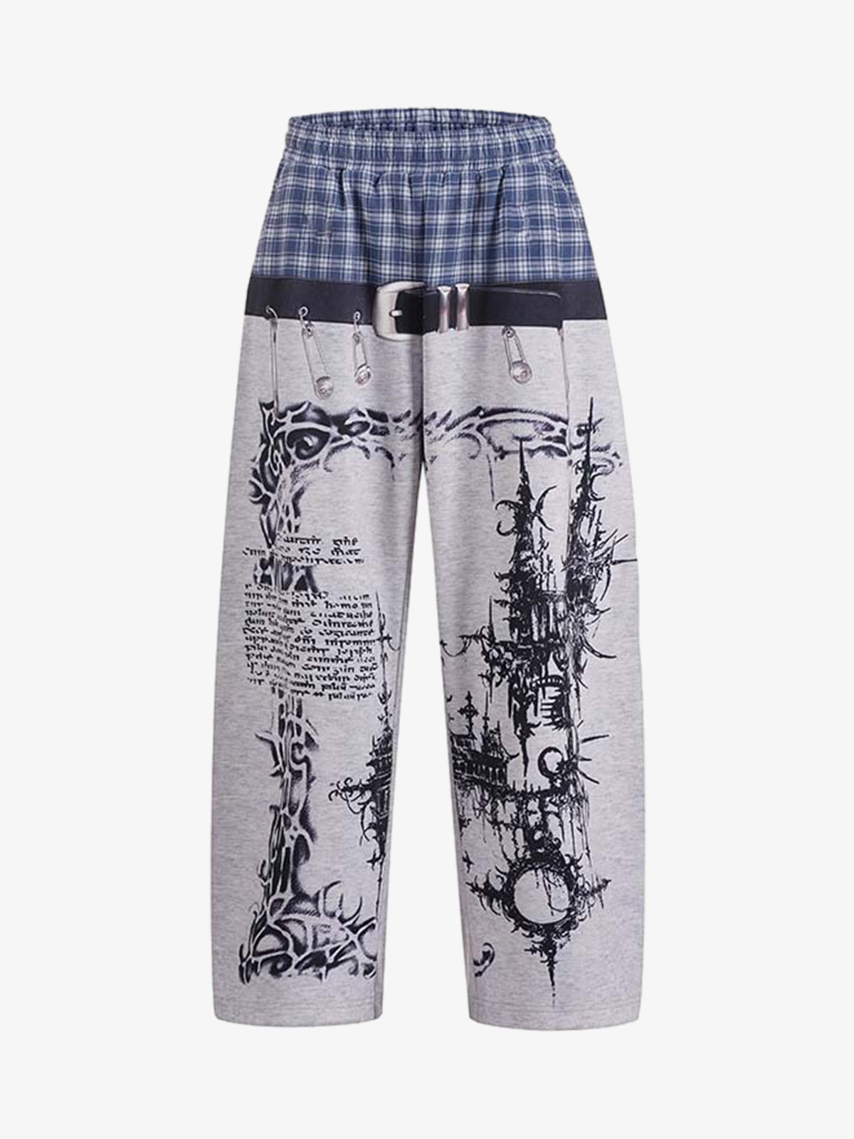 Plaid Waist Graphic Wide-Leg Sweatpants