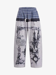 Plaid Waist Graphic Wide-Leg Sweatpants