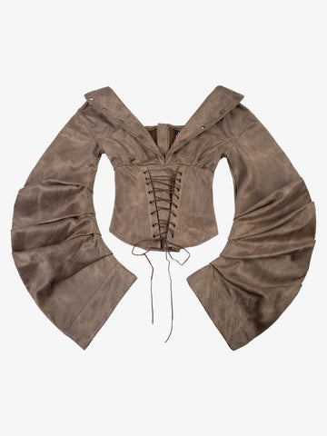 Faux Suede Bell Sleeve Long Sleeve Shirt