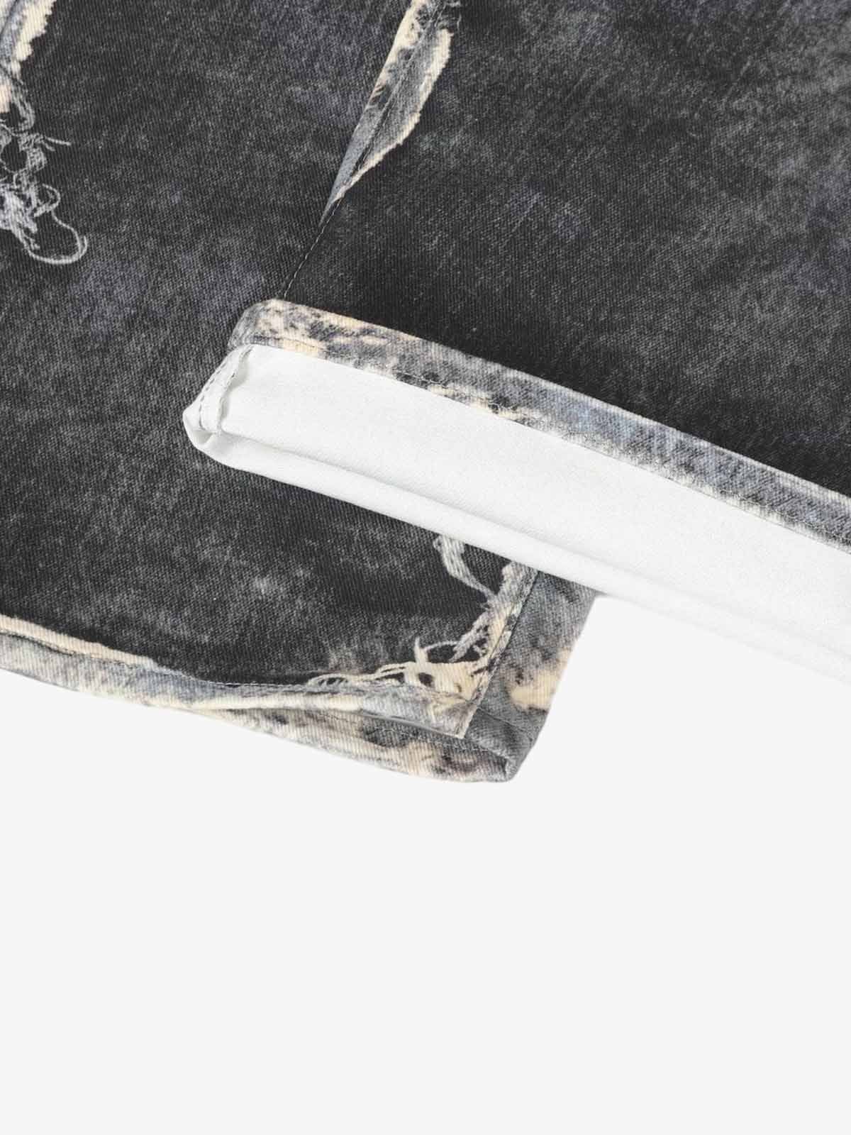 Distressed Patchwork Wide Leg Washed Denim Jeans 