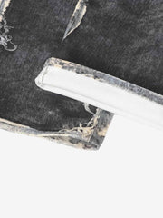 Distressed Patchwork Wide Leg Washed Denim Jeans 