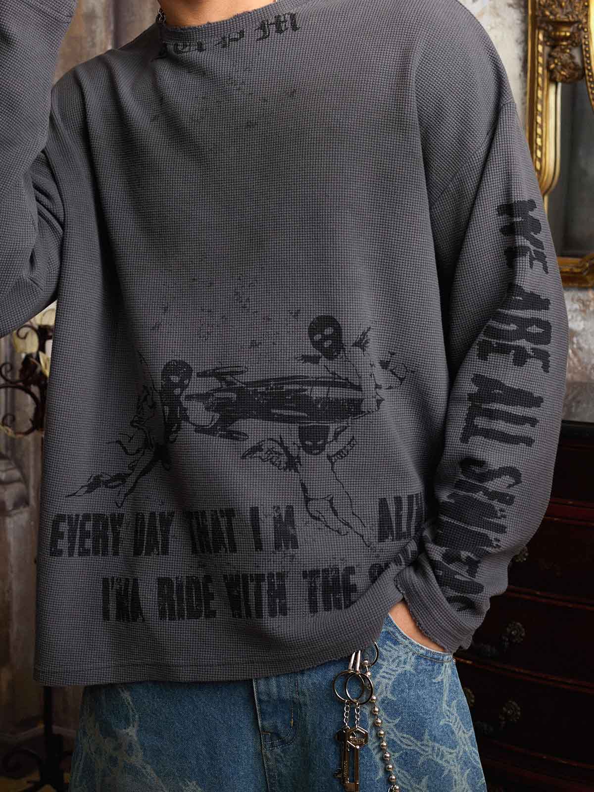 Supermade Waffle-Knit Distressed Gradient Print Long T-Shirt 