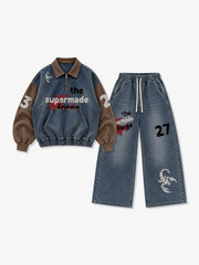 Denim Patchwork Pullover Sweatshirt & Graphic Wide-Leg Jeans Set