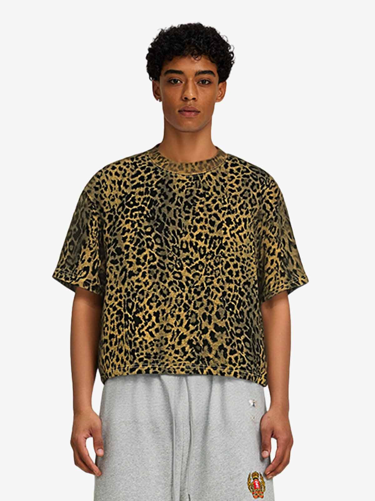 210G Cotton Leopard Print Oversized T-Shirt for Men Fashion Streetwear 