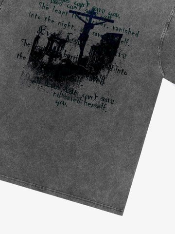 Washed Cross Overlay Text Graphic T-Shirt 