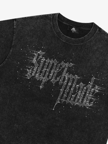 Washed Gothic Letter Imitation Diamond T-Shirt 