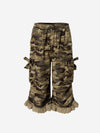 Short capri en jean avec nœud camouflage et bordure en dentelle